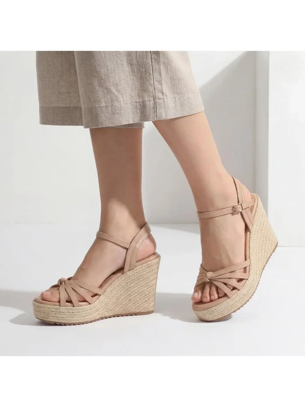 Women's Nude PU Platform Espadrille Wedge Sandals Open Toe Ankle Strap Heels